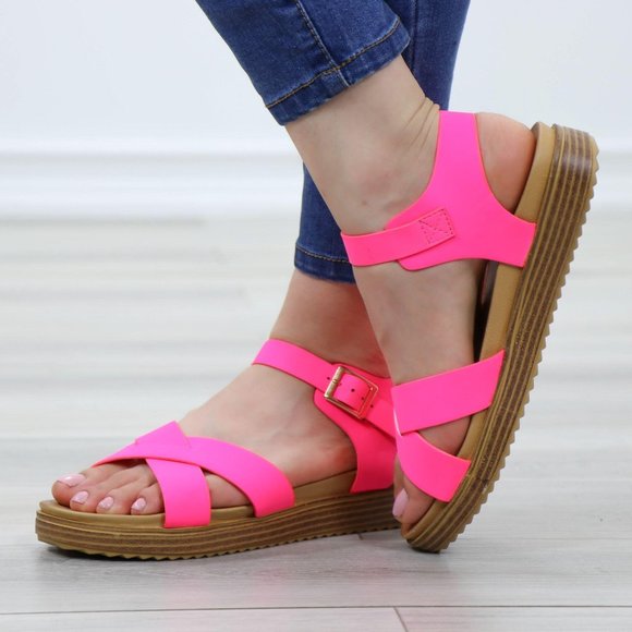 Neon Pink Strappy Comfort Sandals Faux Nubuck - Picture 8 of 14